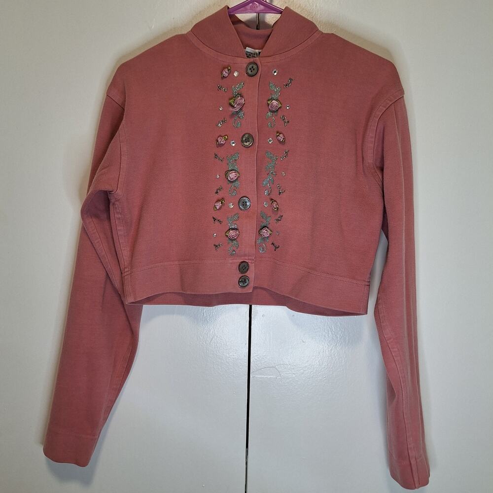 Kikit Cropped Sweater w Ribbon Flowers and Glitter Details Size L Cottagecore